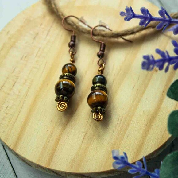 Tiger’s Eye Drop Earrings with Bronze and Copper Accents - Picture 6 of 11